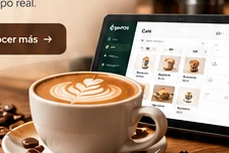 Café y pantalla ilustrativa de IglePOS Café